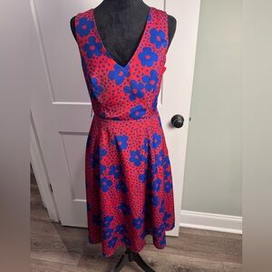 Modcloth Women's Dress M Red Blue Floral Print Timeless Magnetism A Line Pockets